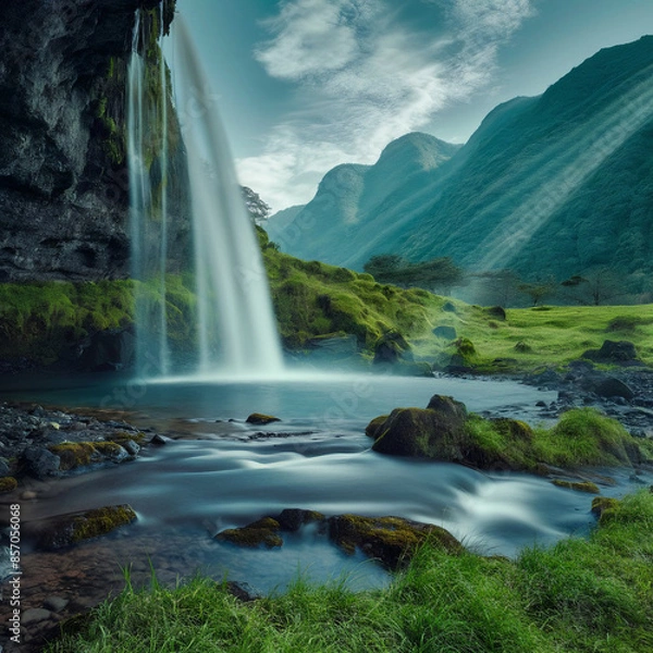 Obraz Green Oasis with Cascading Waterfall
