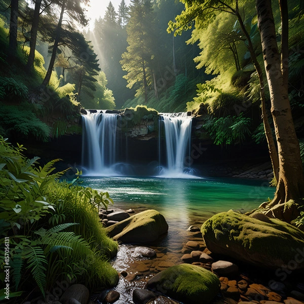 Fototapeta Green Oasis with Cascading Waterfall
