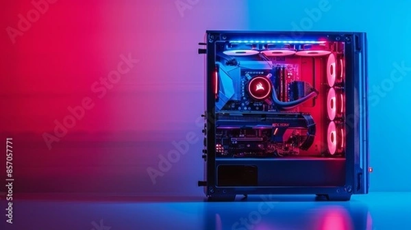 Obraz Open midi tower computer case with red and blue lighting effects on white background
