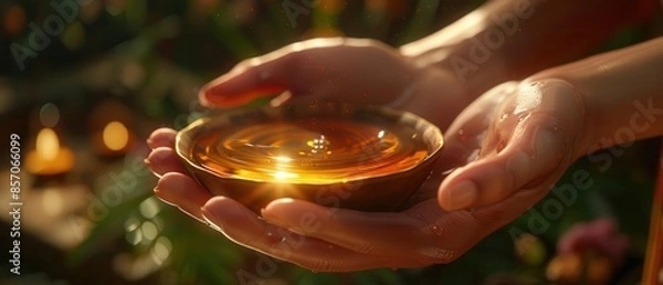 Fototapeta Hands holding a golden bowl filled with liquid honey in a serene, natural outdoor setting with warm sunlight.