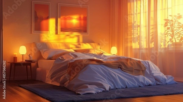 Fototapeta A cozy bedroom with a queen-sized bed, soft bedding, and a nightstand with a lamp, warm and inviting, illustration background
