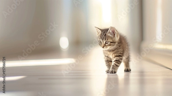Fototapeta Tiny kitten walking towards camera in bright sunlit room
