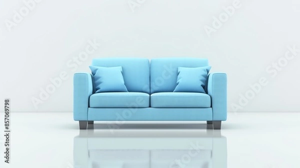Fototapeta A light blue sofa in front of a white wall with a shiny floor.