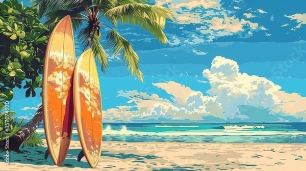 Fototapeta pop art summer beach scene with surfboards leaning against a palm tree under the sun, embodying the idea of a tropical paradise