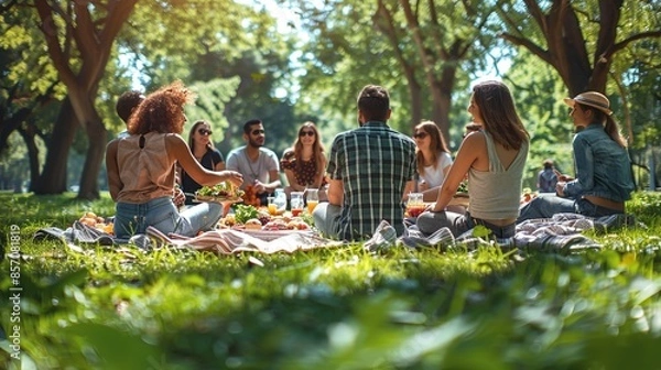 Fototapeta A group of friends having a picnic in the park, promoting social interaction as a means to alleviate stress and foster a sense of belonging. Illustration, Minimalism,