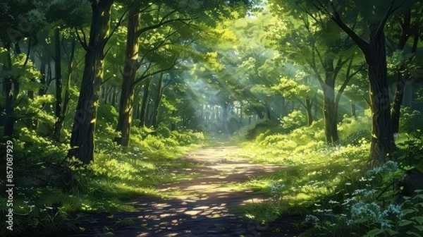Fototapeta A tranquil forest path with sunlight filtering through the trees, illustration background