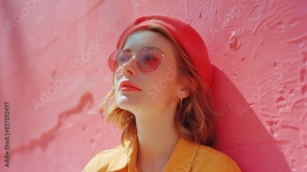 Obraz photo of a woman wearing glasses on a red background AI Generative