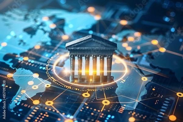 Obraz Bank on digital technology, online banking, virtual bank, a new type of commercial bank without branches, financial transactions in online, hologram bank icon on world map