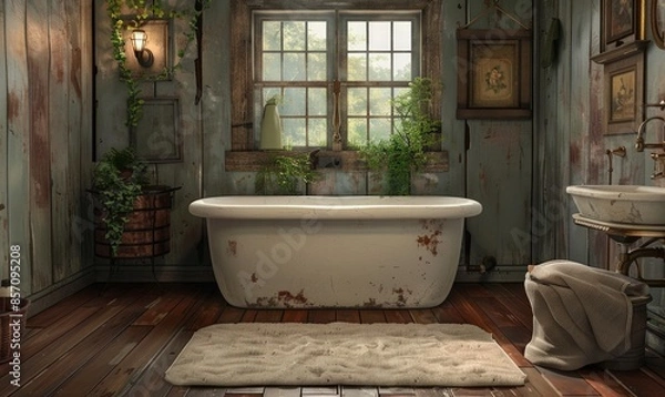 Obraz Rustic bathroom with a blank bath mat