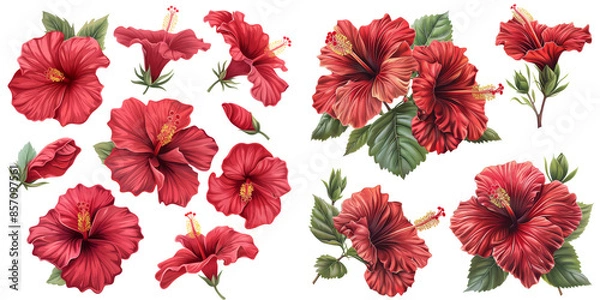 Fototapeta Tropical Red Hibiscus Flowers Isolated on Transparent or White Background, PNG