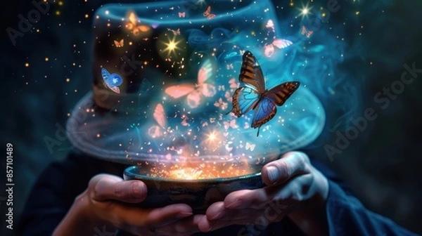 Fototapeta Person holding a glowing bowl from which butterflies and sparks are emerging, a magical hat on their head, and a dark, starry background