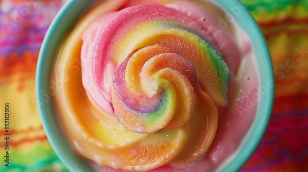 Fototapeta Vibrant Bowl of Rainbow Sherbet on Colorful Tablecloth - Playful and Colorful Dessert Presentation