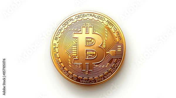 Fototapeta Bitcoin cryptocurrency golden coin with bitcoin symbol isolated on white background hyper-realistic illustration 