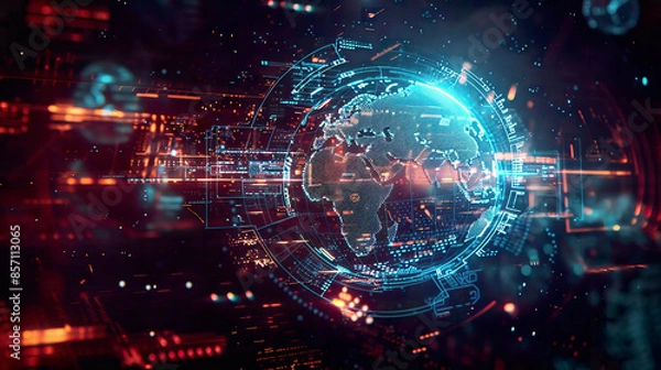 Fototapeta Futuristic HUD background with blockchain technology world globe and polygon peer-to-peer network global cryptocurrency fintech business banner conceptluminous digital design 