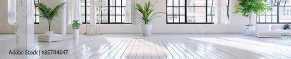 Fototapeta Spacious Sunlit Interior with Minimalist Design and Indoor Plants in Modern Loft