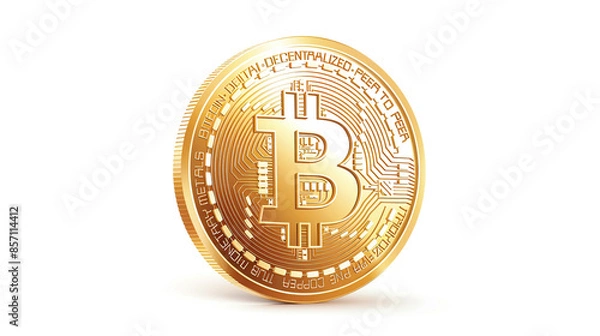 Fototapeta Golden bitcoin coin with bitcoin symbol isolated on white backgroundclean and crisp design digital currency  illustration 