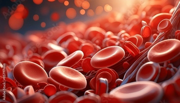 Fototapeta A close up of red blood cells. Concept of medicine, science and vitality.