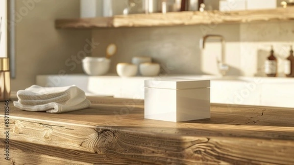 Fototapeta A wooden countertop with a small white box on top, suitable for various settings and uses