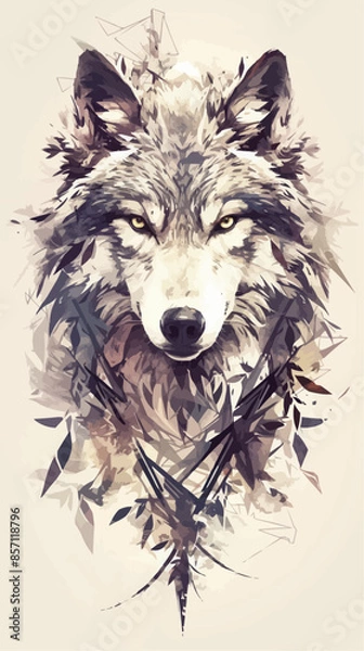 Fototapeta This image features a detailed and symmetrical illustration of a wolf, surrounded by celestial elements such as planets and stars.