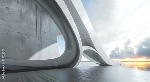 Fototapeta A futuristic concrete bridge with elegant curves spans tranquil water at sunset, showcasing modern architecture against a serene natural backdrop
