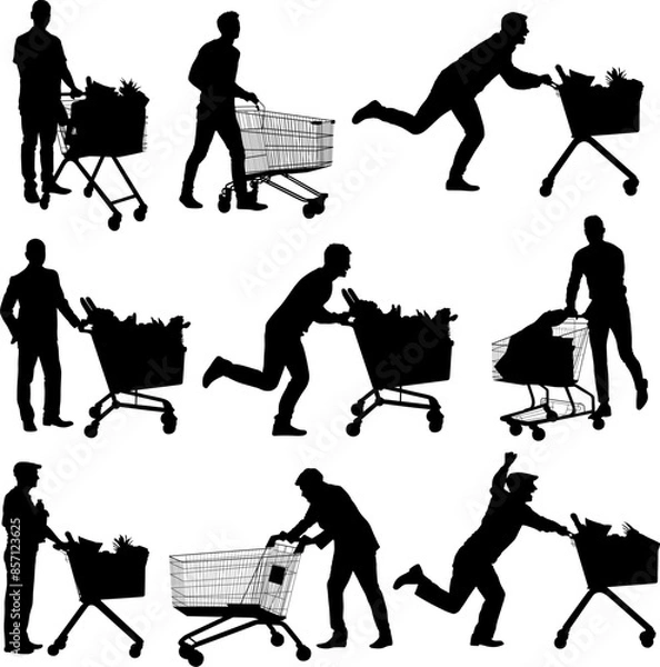 Obraz man pushing shopping cart silhouette