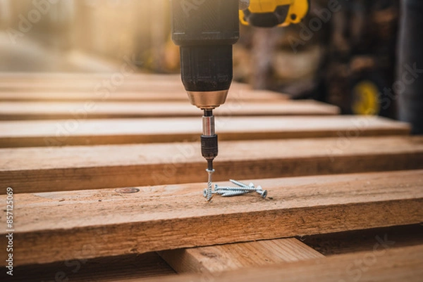 Fototapeta Close up man hand holding electric cordless screwdriver machine and screws lie for screwing a screw assembling wood construction. Iron screw, screws as a background, wood screw, concept industry.