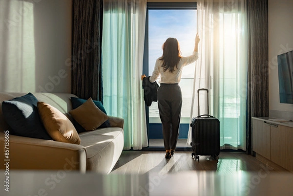Obraz Confident businesswoman wearing white shirt and holding suit with suitcase stands in a hotel room while looking at the view from window Beautiful sunset. Woman enjoying her holiday in a luxury hotel.