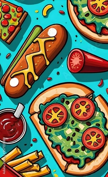 Fototapeta A set of 3D realistic renderings of fast food elements icon set includes a pizza slice, burger, french fries, coffee cup, hot dog, and ketchup bottle, isolated on a white background.