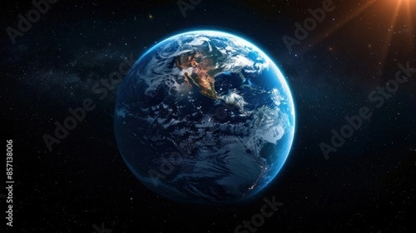 Fototapeta Earth from Space with Sun Rays and Stars