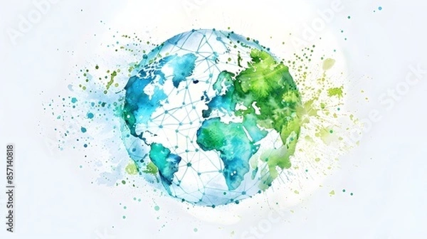 Fototapeta Watercolor of a Global Network Globe Representing Digital Connectivity