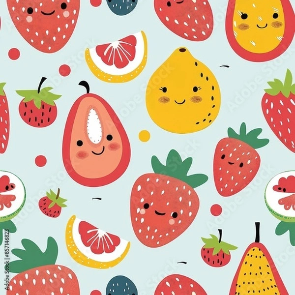 Fototapeta Whimsical seamless pattern featuring smiling fruits like strawberries, pears, and citrus slices on a light background. Perfect for children's designs, textiles, and cheerful decor.