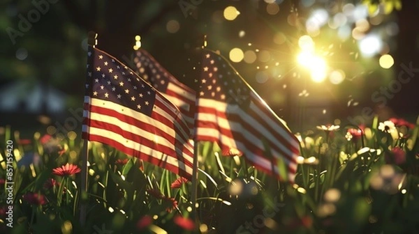 Fototapeta American flags on grass, Independence Day concept