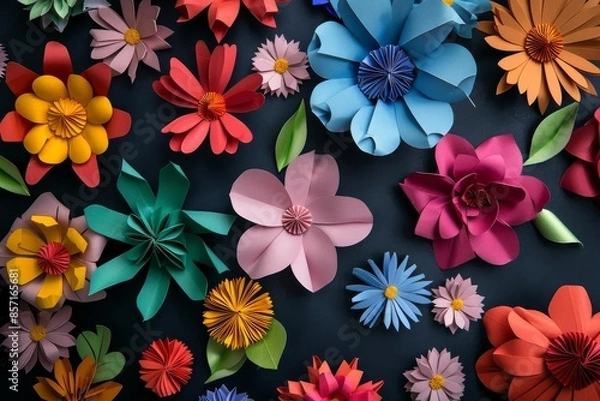 Fototapeta A colorful arrangement of paper flowers on a dark background