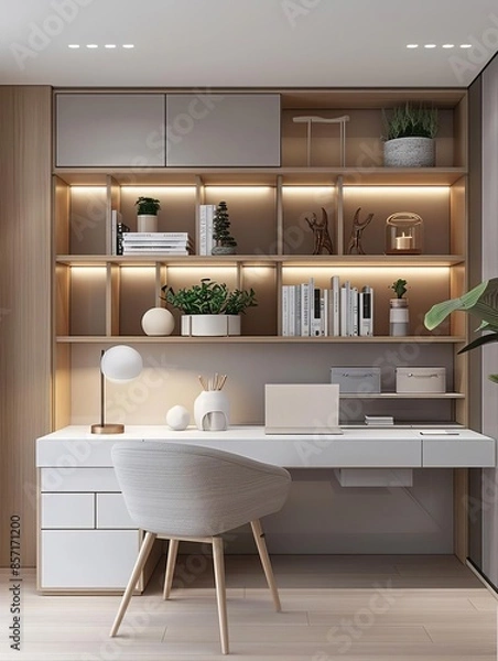 Fototapeta Modern minimalist home office design with built-in shelves and white desk.