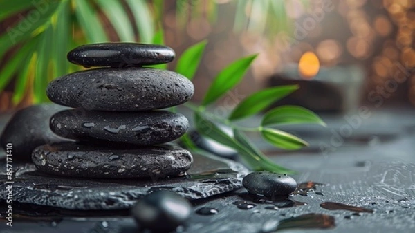Fototapeta Stacked black spa stones with green leaves, candle in background
