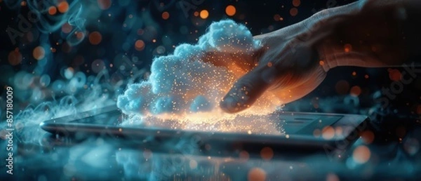 Fototapeta A close-up of a hand accessing cloud data on a tablet