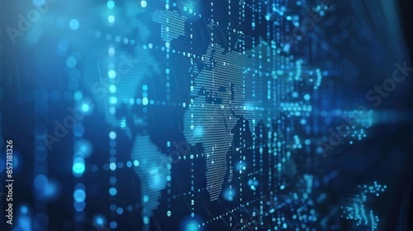 Obraz futuristic blue background with binary code blockchain nodes and world map representing global cryptocurrency trading 3d rendering
