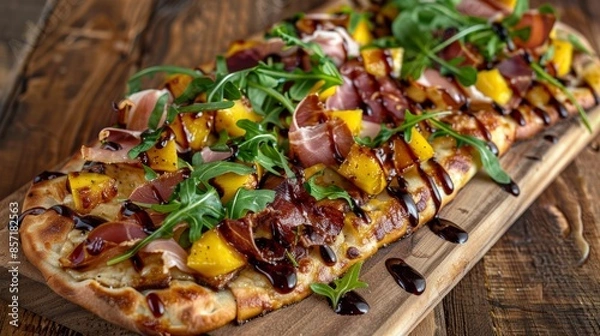 Fototapeta Gourmet Mango and Prosciutto Flatbread with Arugula and Balsamic Glaze - Perfect for Summer Gatherings