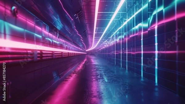 Fototapeta futuristic neon lights in dark tunnel with glitch distortion effect scifi cyberpunk city concept art