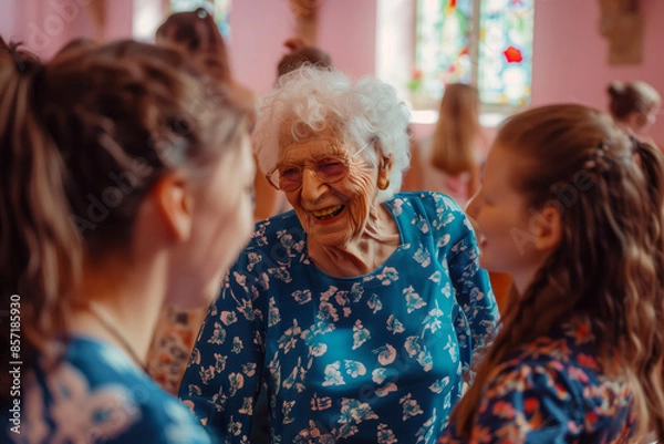 Obraz elderly woman, surrounded by younger people, shares a story. enthusiastic expression, animated gestures, warm and engaging atmosphere,  value of intergenerational interaction
