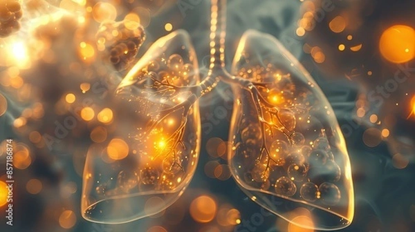 Fototapeta A 3D illustration of a realistic lung absorbing glowing gold molecules. When these gold particles are absorbed, the lung tissue recovers and regenerates itself.
