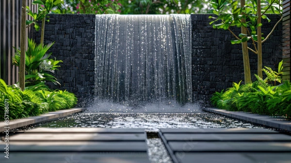 Obraz outdoor home modern water feature fountain waterfall as wide banner with copy space area for garden landscape design concepts