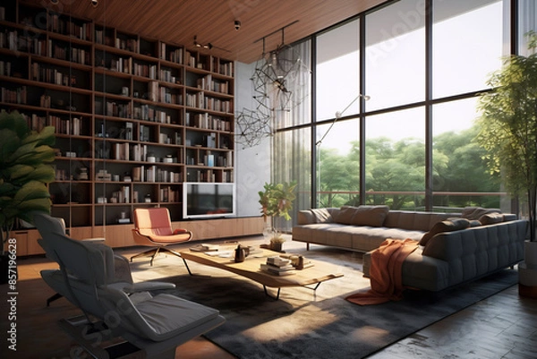 Fototapeta Modern minimalism style drawing-room interior with big windows and lot of light
