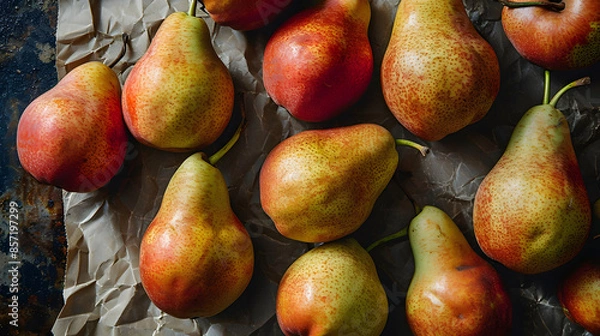 Fototapeta fresh pear top down view background poster 