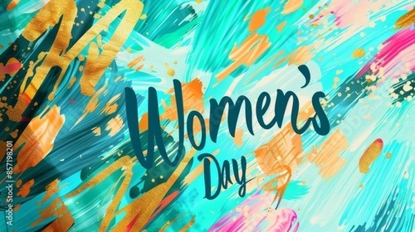 Fototapeta Vibrant turquoise coral gold abstract with brush strokes Women's Day in graffiti-style font background