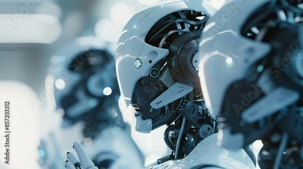 Obraz 3D rendering of AI research involving robot and cyborg development for future human living, highlighting digital data mining and machine learning technology for a computer brain.
