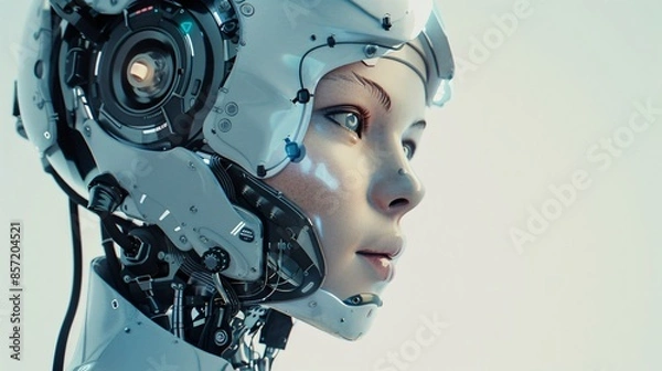 Obraz 3D rendering of AI research involving robot and cyborg development for future human living, highlighting digital data mining and machine learning technology for a computer brain.