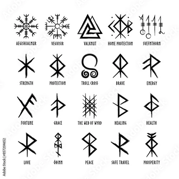 Fototapeta Full editable collection of norse symbols with meanings like protection, love, healing, safe travelling, compass, good luck, brave or courage and more.	
