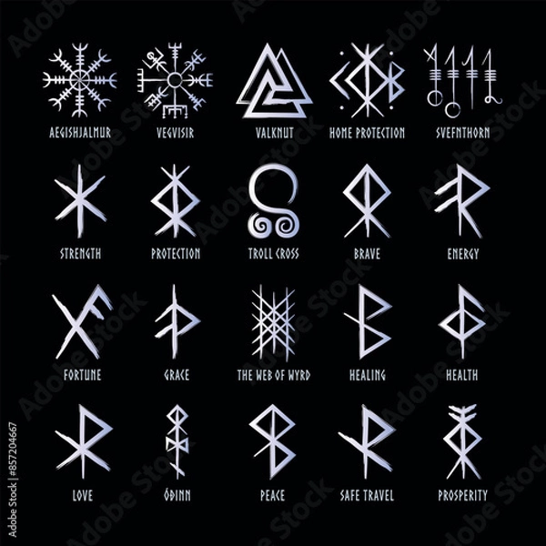 Fototapeta Full editable collection of norse symbols with meanings like protection, love, healing, safe travelling, compass, good luck, brave or courage and more.	
