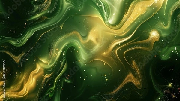 Fototapeta Green and gold gradient swirling textures glowing points subtle shamrock shapes. background